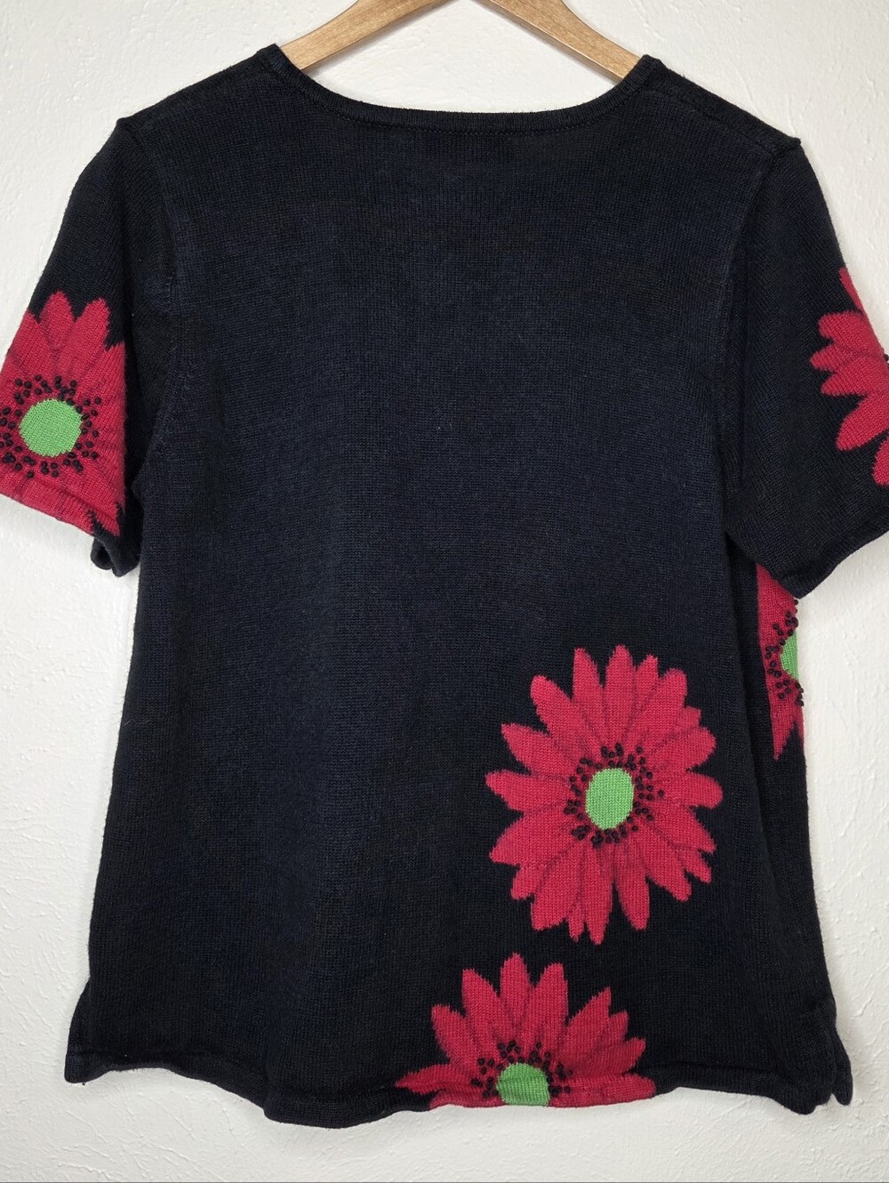 Marisa Christina Daisy Sweater Black Red Floral Short Sleeve XL Garden Party - Picture 4 of 7